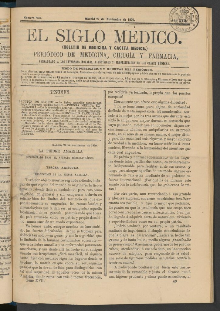 Miniatura de El Siglo Médico: boletín de medicina y gaceta médica del 27 de noviembre de 1870