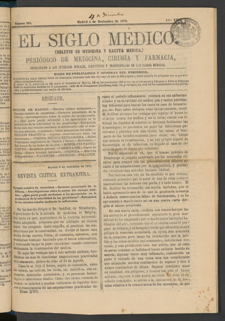 Miniatura de El Siglo Médico: boletín de medicina y gaceta médica del 4 de diciembre de 1870