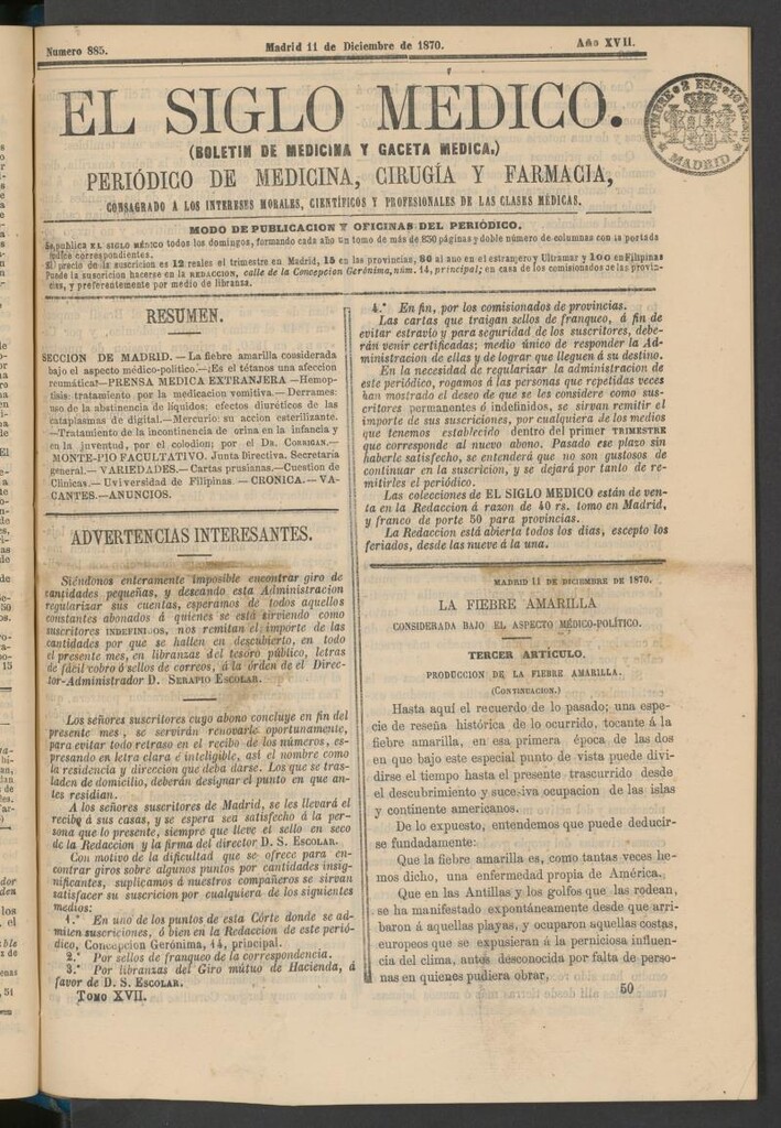 Miniatura de El Siglo Médico: boletín de medicina y gaceta médica del 11 de diciembre de 1870