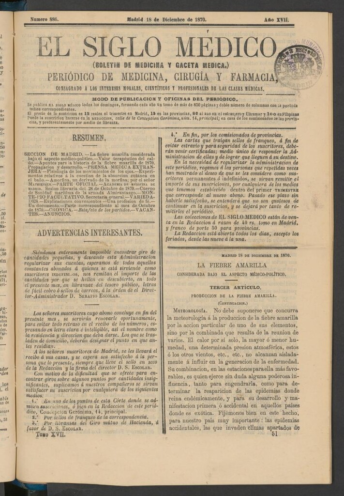 Miniatura de El Siglo Médico: boletín de medicina y gaceta médica del 18 de diciembre de 1870