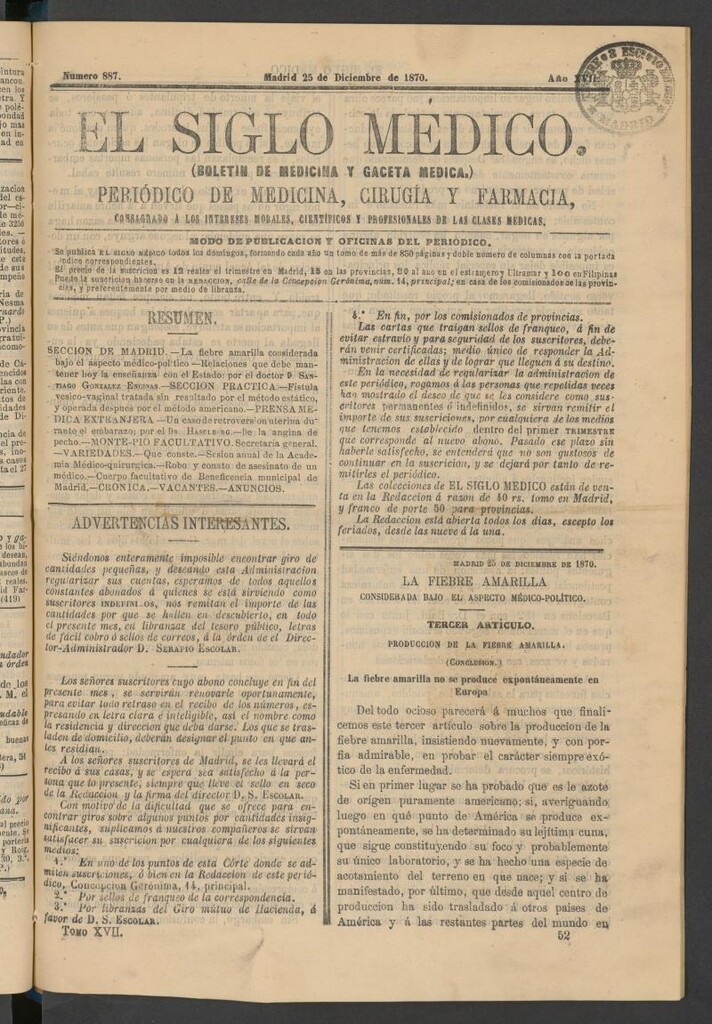 Miniatura de El Siglo Médico: boletín de medicina y gaceta médica del 25 de diciembre de 1870