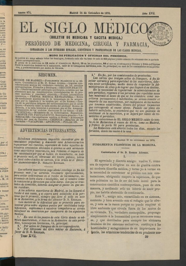 Miniatura de El Siglo Médico: boletín de medicina y gaceta médica del 25 de septiembre de 1870