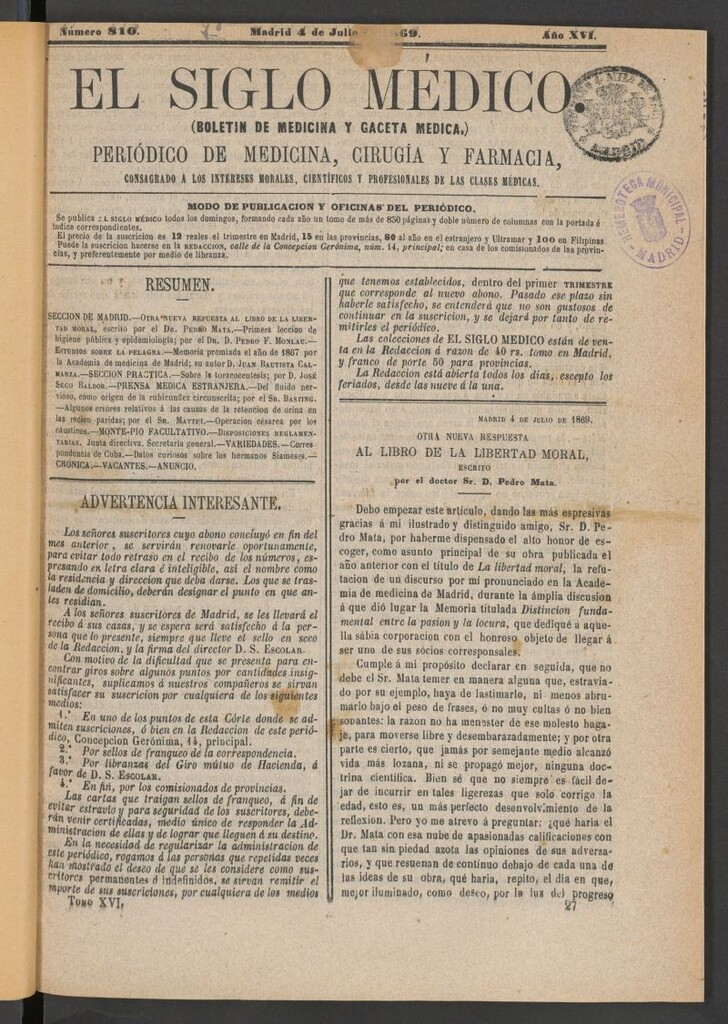 Miniatura de El Siglo Médico: boletín de medicina y gaceta médica del 4 de julio de 1869