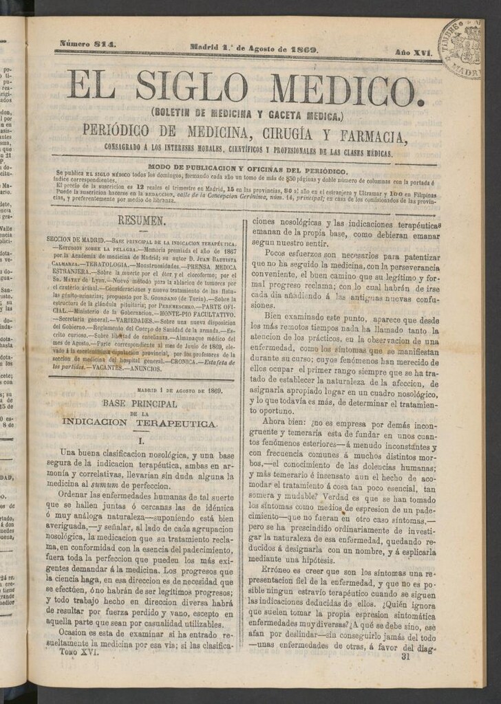 Miniatura de El Siglo Médico: boletín de medicina y gaceta médica del 1 de agosto de 1869