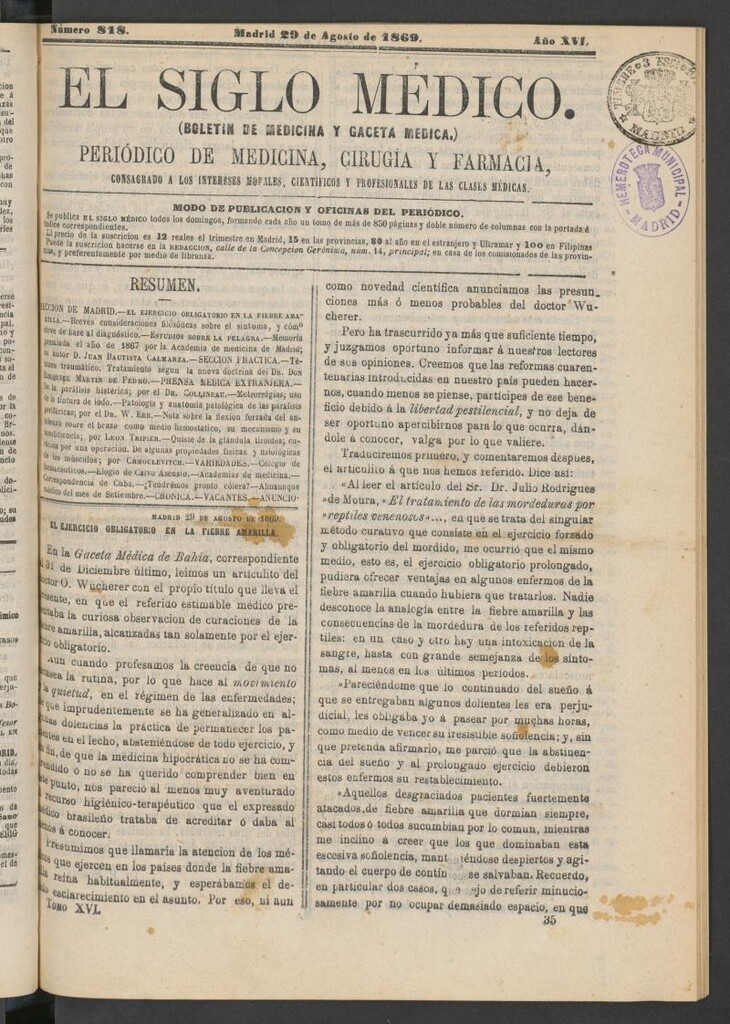 Miniatura de El Siglo Médico: boletín de medicina y gaceta médica del 29 de agosto de 1869