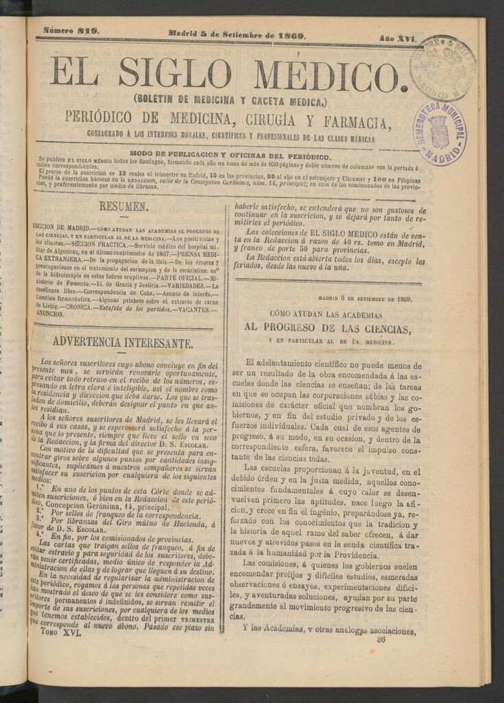Miniatura de El Siglo Médico: boletín de medicina y gaceta médica del 5 de septiembre de 1869