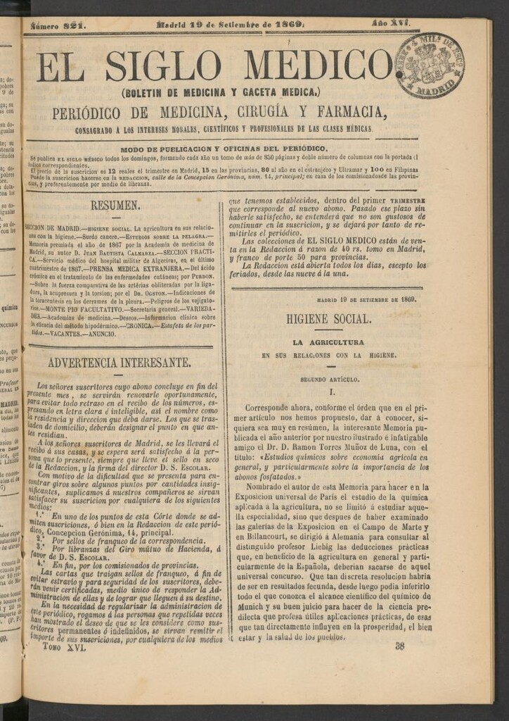Miniatura de El Siglo Médico: boletín de medicina y gaceta médica del 19 de septiembre de 1869