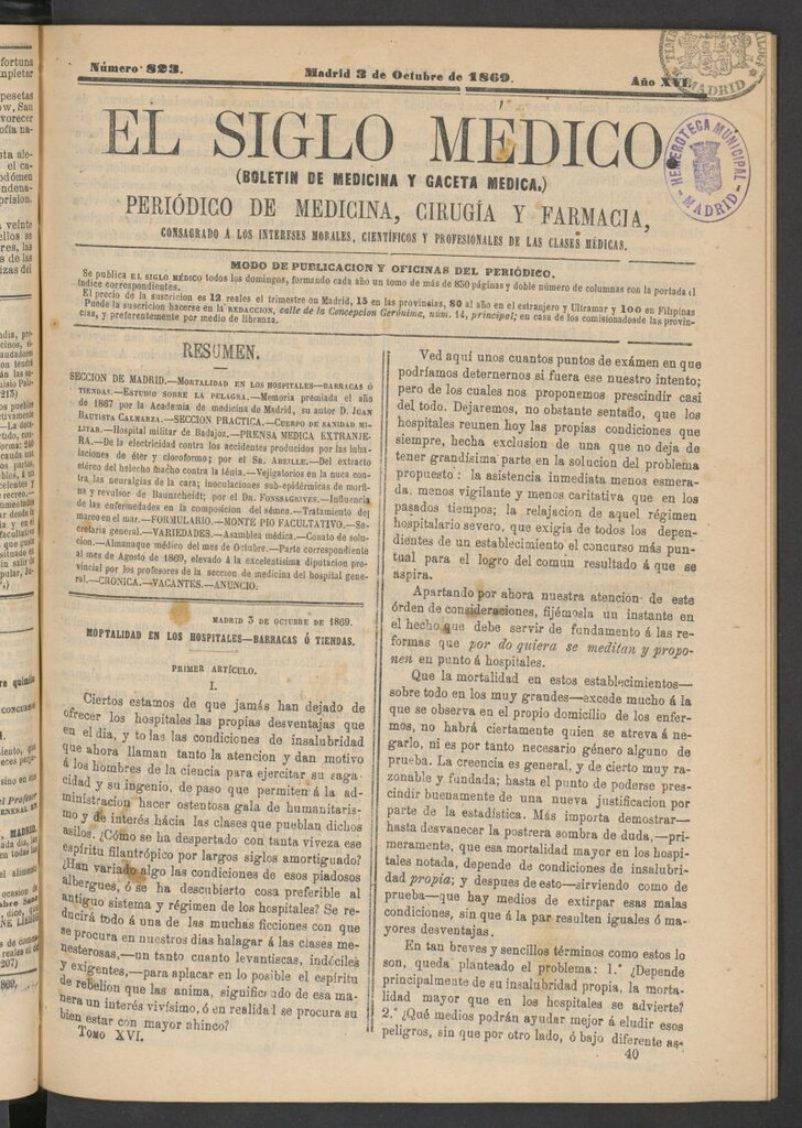 Miniatura de El Siglo Médico: boletín de medicina y gaceta médica del 3 de octubre de 1869