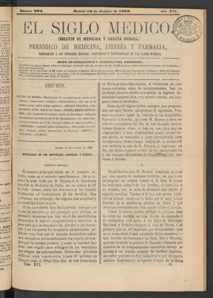 Miniatura de El Siglo Médico: boletín de medicina y gaceta médica del 10 de octubre de 1869