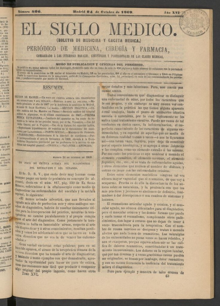 Miniatura de El Siglo Médico: boletín de medicina y gaceta médica del 24 de octubre de 1869