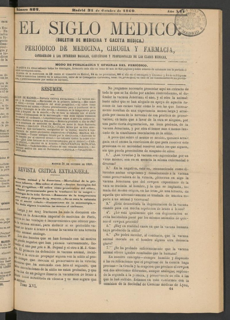 Miniatura de El Siglo Médico: boletín de medicina y gaceta médica del 31 de octubre de 1869