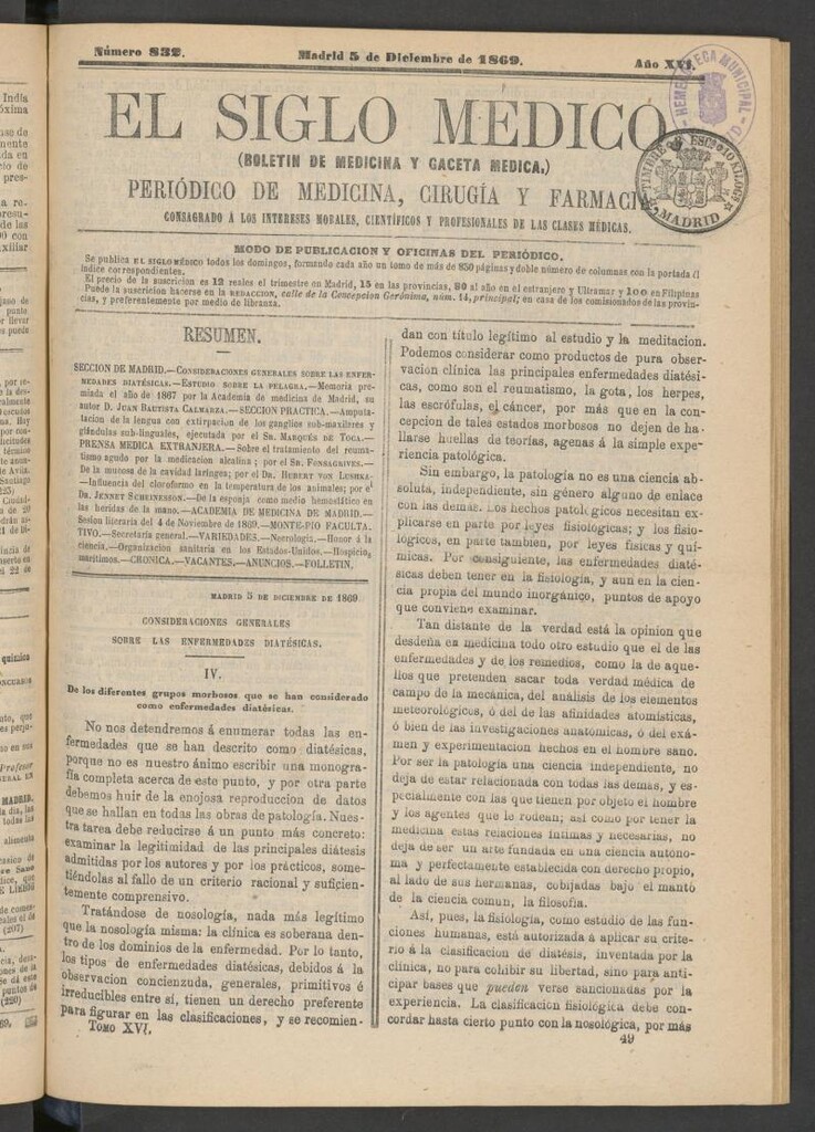 Miniatura de El Siglo Médico: boletín de medicina y gaceta médica del 5 de diciembre de 1869