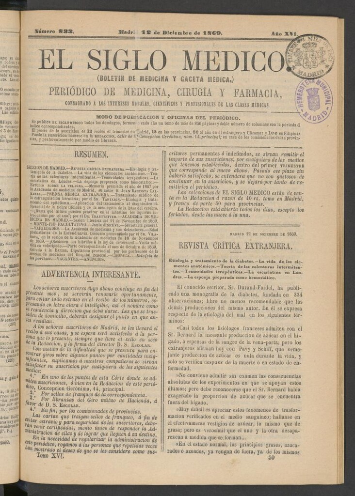 Miniatura de El Siglo Médico: boletín de medicina y gaceta médica del 12 de diciembre de 1869