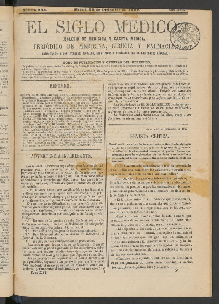 Miniatura de El Siglo Médico: boletín de medicina y gaceta médica del 26 de diciembre de 1869