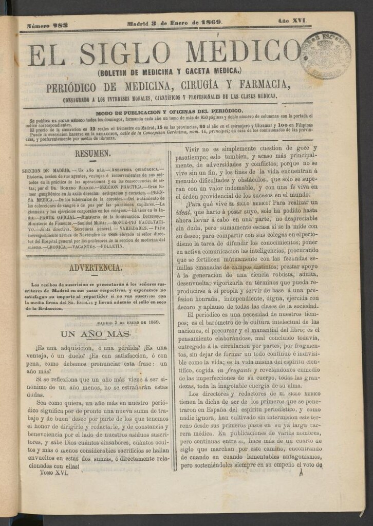 Miniatura de El Siglo Médico: boletín de medicina y gaceta médica del 3 de enero de 1869
