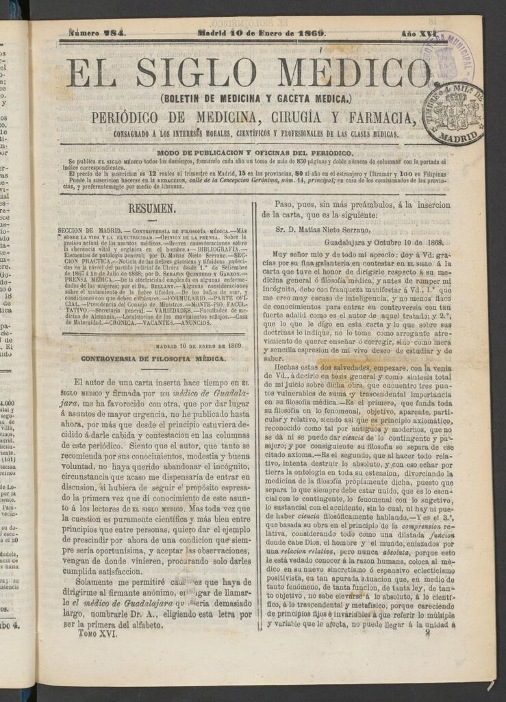 Miniatura de El Siglo Médico: boletín de medicina y gaceta médica del 10 de enero de 1869