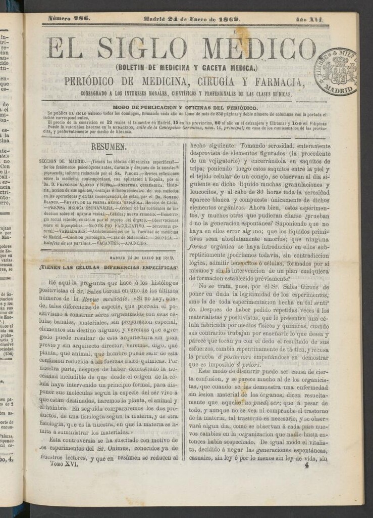 Miniatura de El Siglo Médico: boletín de medicina y gaceta médica del 24 de enero de 1869
