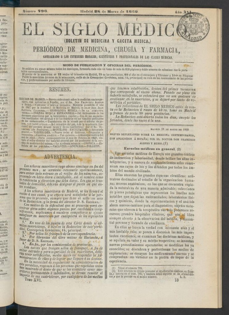 Miniatura de El Siglo Médico: boletín de medicina y gaceta médica del 28 de marzo de 1869