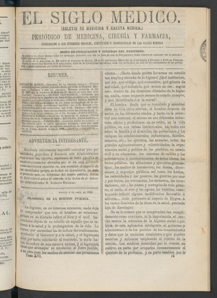 Miniatura de El Siglo Médico: boletín de medicina y gaceta médica del 4 de abril de 1869