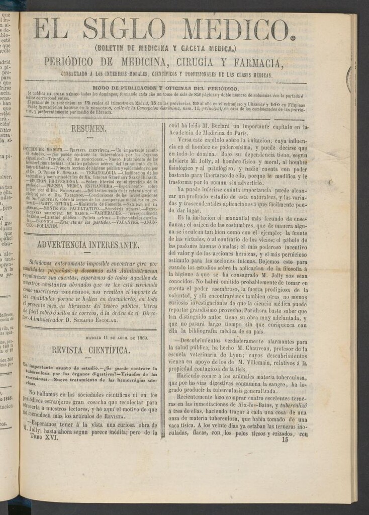Miniatura de El Siglo Médico: boletín de medicina y gaceta médica del 11 de abril de 1869