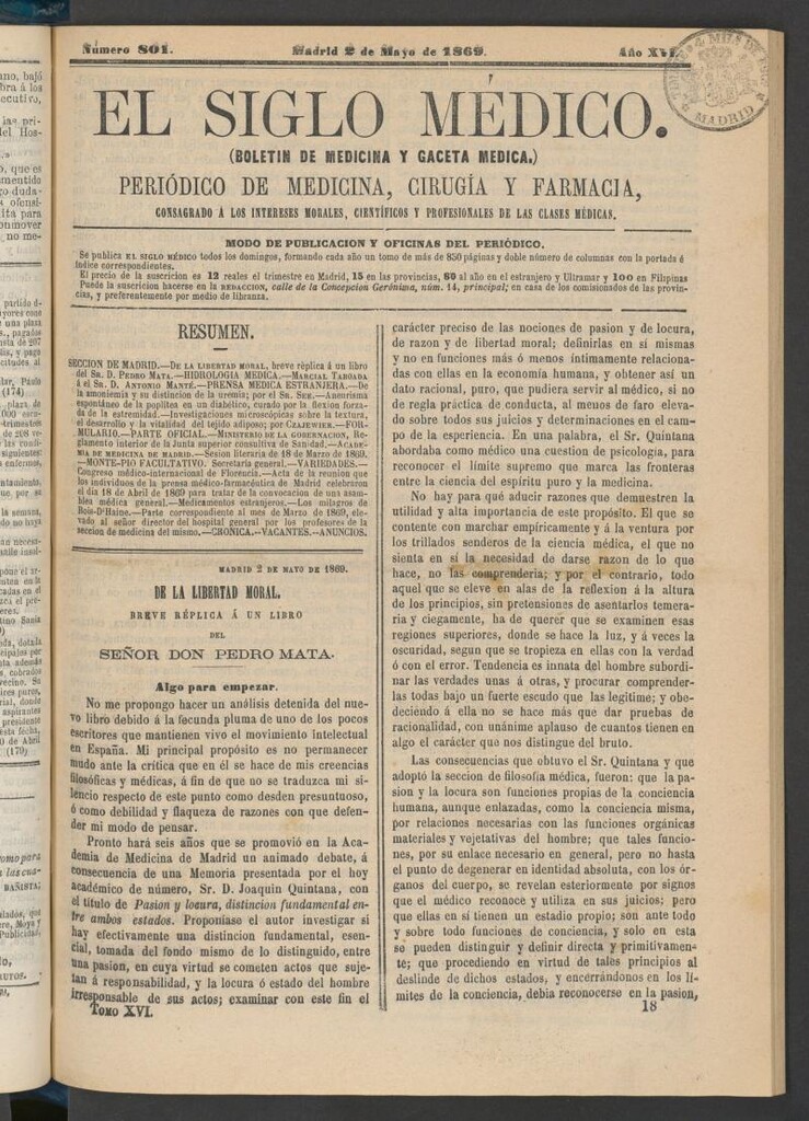 Miniatura de El Siglo Médico: boletín de medicina y gaceta médica del 2 de mayo de 1869