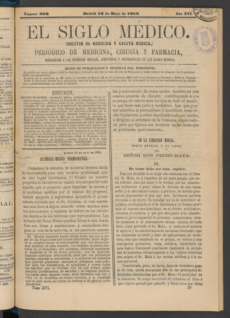 Miniatura de El Siglo Médico: boletín de medicina y gaceta médica del 16 de mayo de 1869