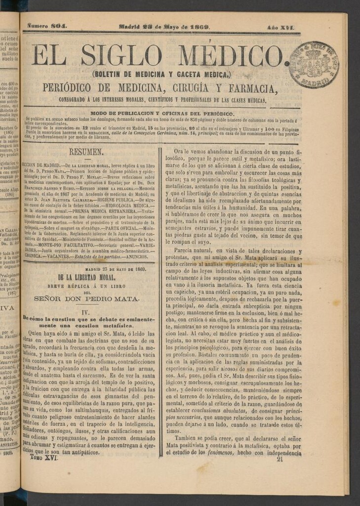 Miniatura de El Siglo Médico: boletín de medicina y gaceta médica del 23 de mayo de 1869