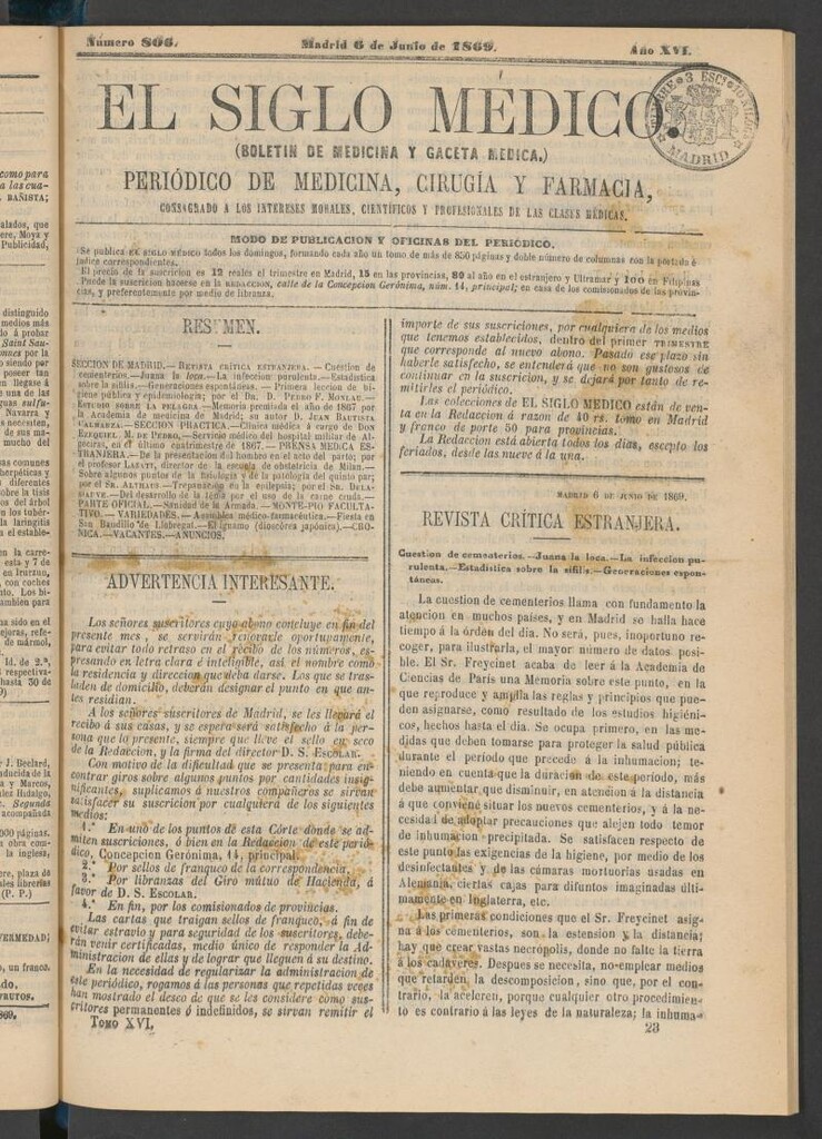 Miniatura de El Siglo Médico: boletín de medicina y gaceta médica del 6 de junio de 1869