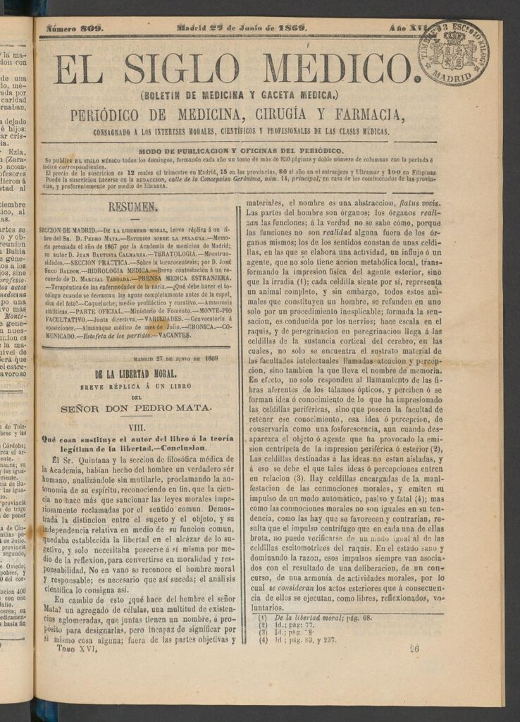 Miniatura de El Siglo Médico: boletín de medicina y gaceta médica del 27 de junio de 1869