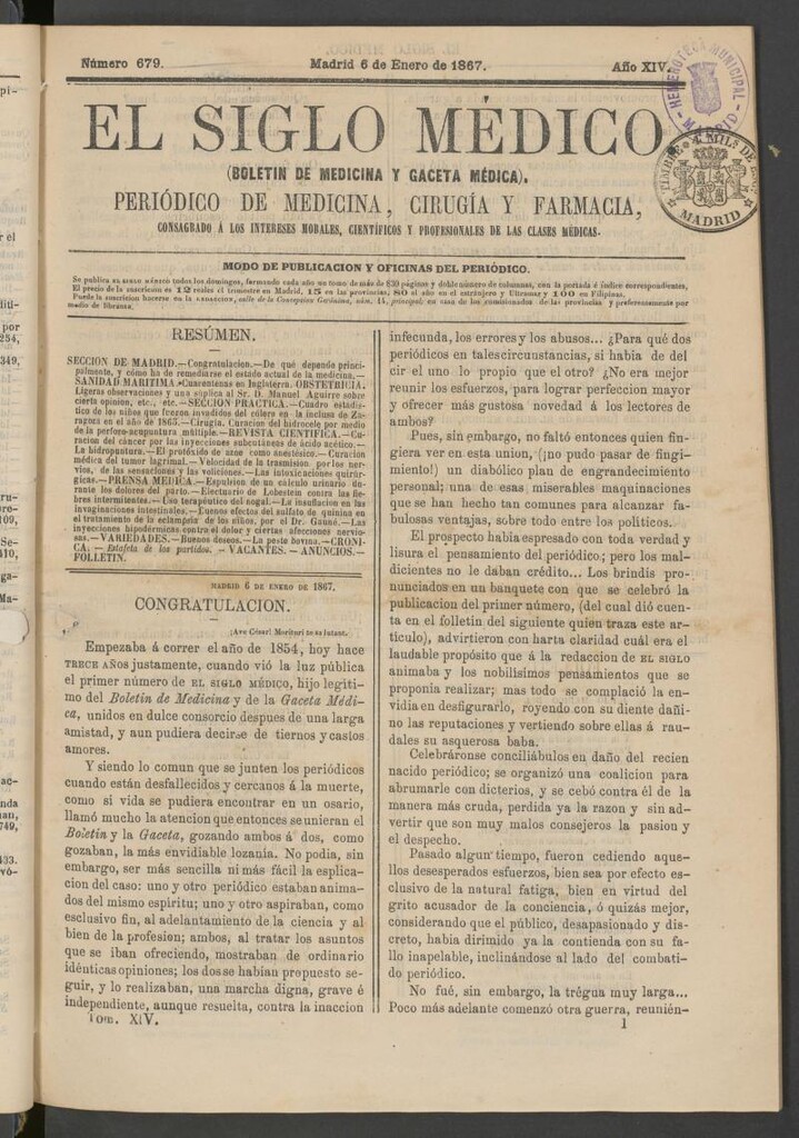 Miniatura de El Siglo Médico: boletín de medicina y gaceta médica del 6 de enero  de 1867