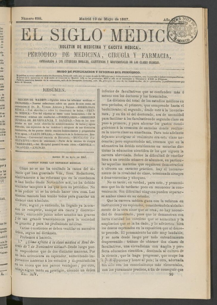 Miniatura de El Siglo Médico: boletín de medicina y gaceta médica del 19 de mayo de 1867