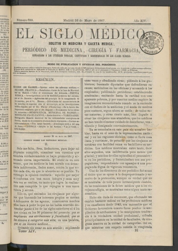 Miniatura de El Siglo Médico: boletín de medicina y gaceta médica del 26 de mayo de 1867
