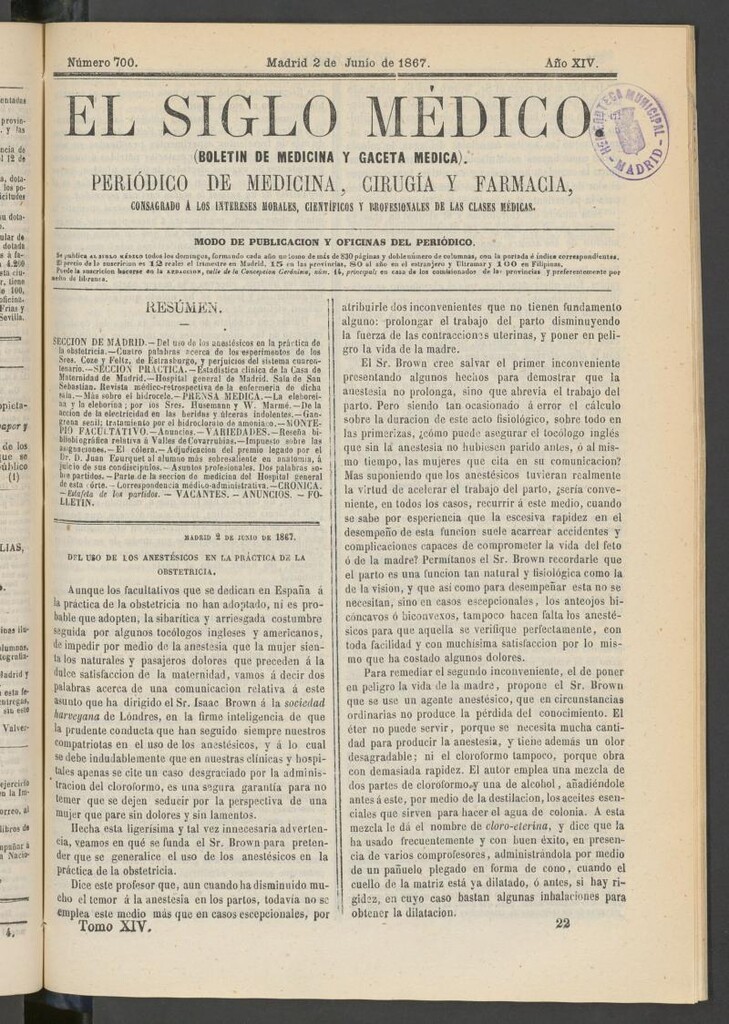 Miniatura de El Siglo Médico: boletín de medicina y gaceta médica del 2 de junio de 1867