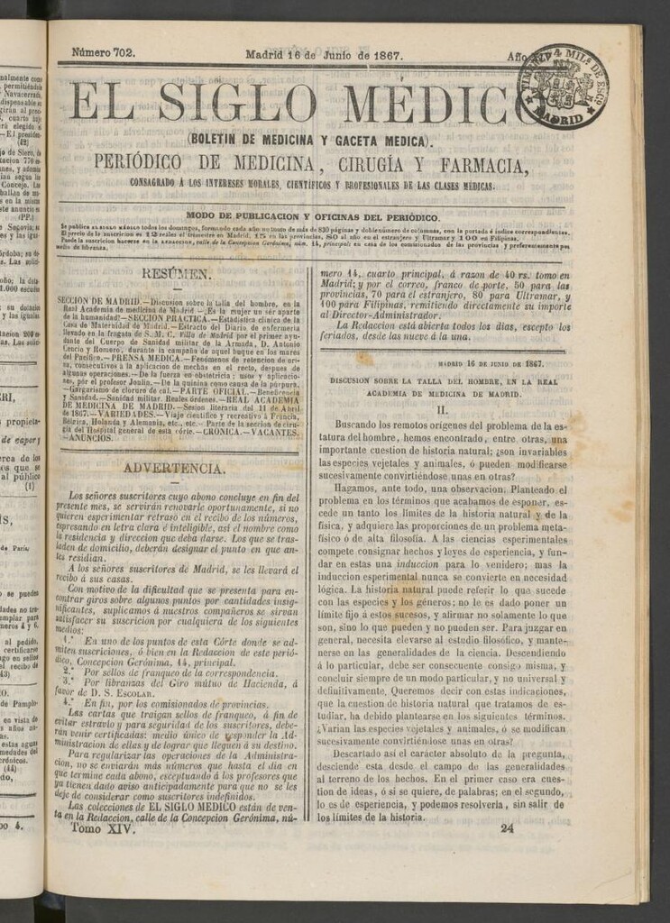 Miniatura de El Siglo Médico: boletín de medicina y gaceta médica del 16 de junio de 1867