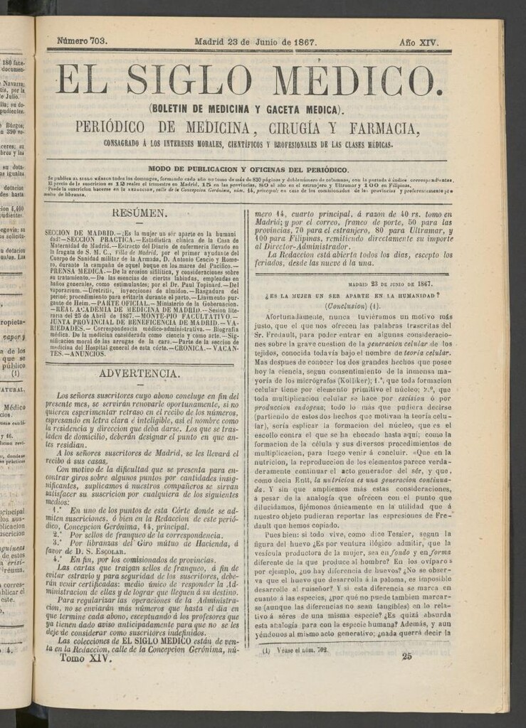 Miniatura de El Siglo Médico: boletín de medicina y gaceta médica del 23 de junio de 1867