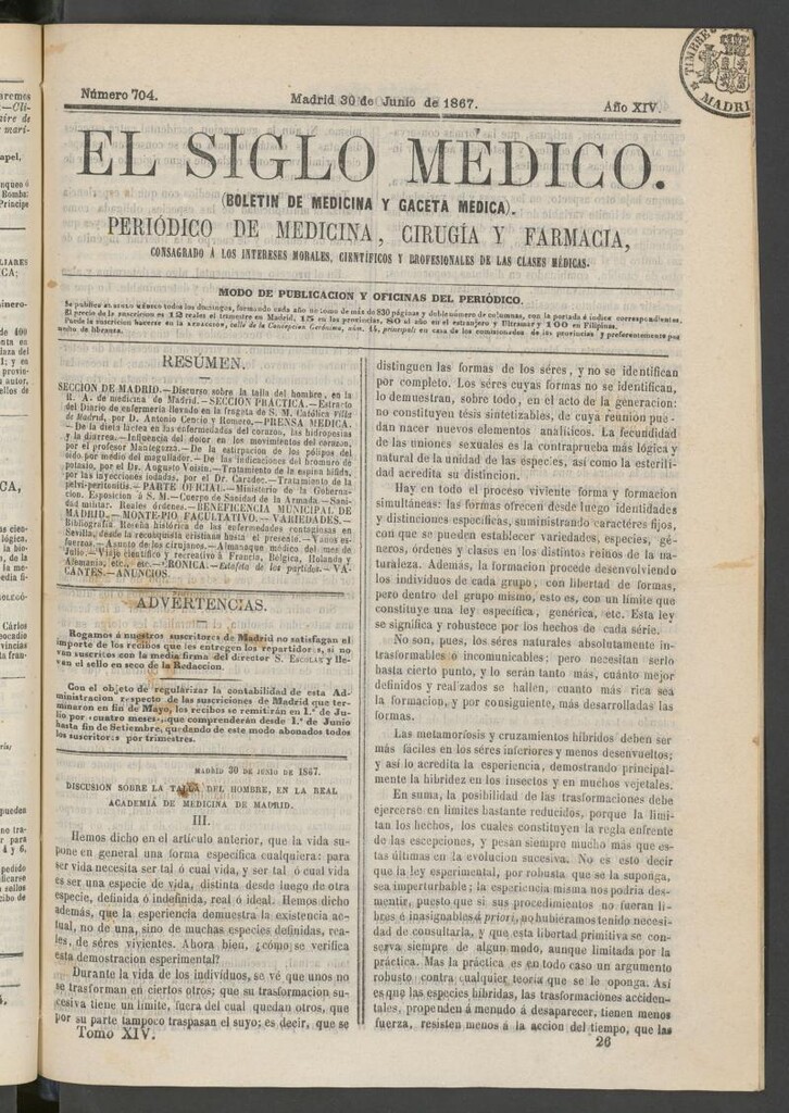 Miniatura de El Siglo Médico: boletín de medicina y gaceta médica del 30 de junio de 1867