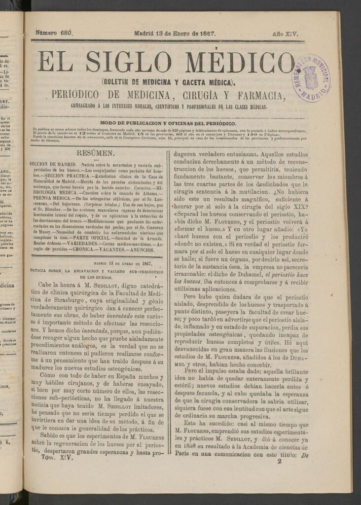 Miniatura de El Siglo Médico: boletín de medicina y gaceta médica del 13 de enero  de 1867