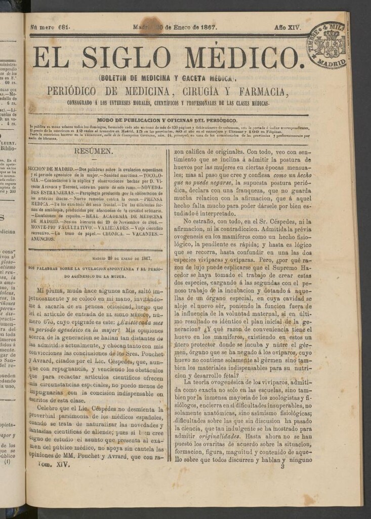 Miniatura de El Siglo Médico: boletín de medicina y gaceta médica del 20 de enero  de 1867