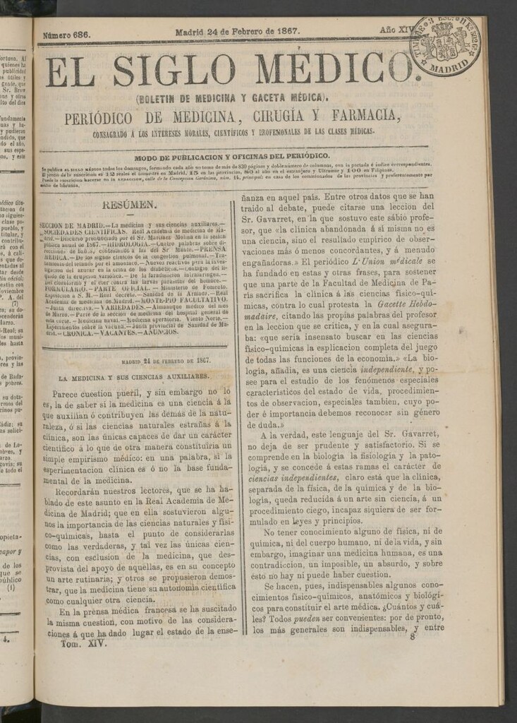 Miniatura de El Siglo Médico: boletín de medicina y gaceta médica del 24 de febrero de 1867