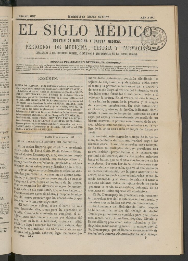 Miniatura de El Siglo Médico: boletín de medicina y gaceta médica del 3 de marzo de 1867