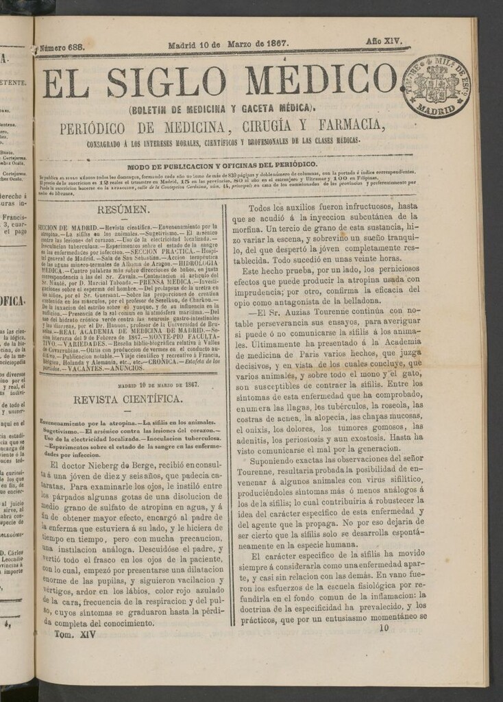 Miniatura de El Siglo Médico: boletín de medicina y gaceta médica del 10 de marzo de 1867