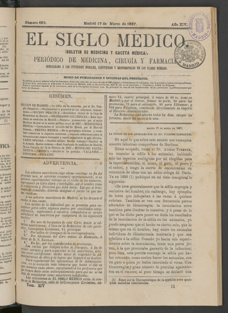 Miniatura de El Siglo Médico: boletín de medicina y gaceta médica del 17 de marzo de 1867