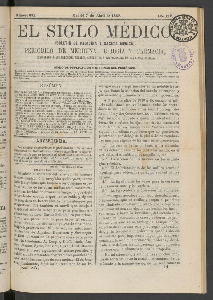 Miniatura de El Siglo Médico: boletín de medicina y gaceta médica del 7 de abril de 1867