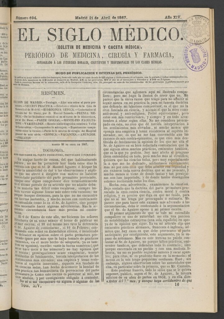 Miniatura de El Siglo Médico: boletín de medicina y gaceta médica del 21 de abril de 1867