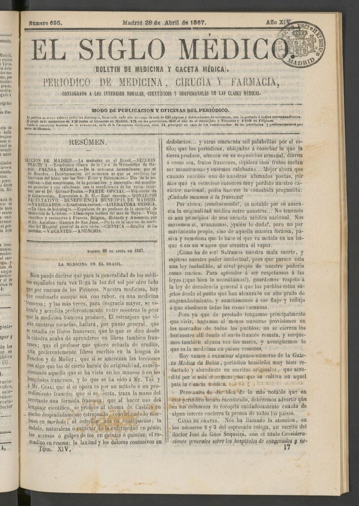 Miniatura de El Siglo Médico: boletín de medicina y gaceta médica del 28 de abril de 1867