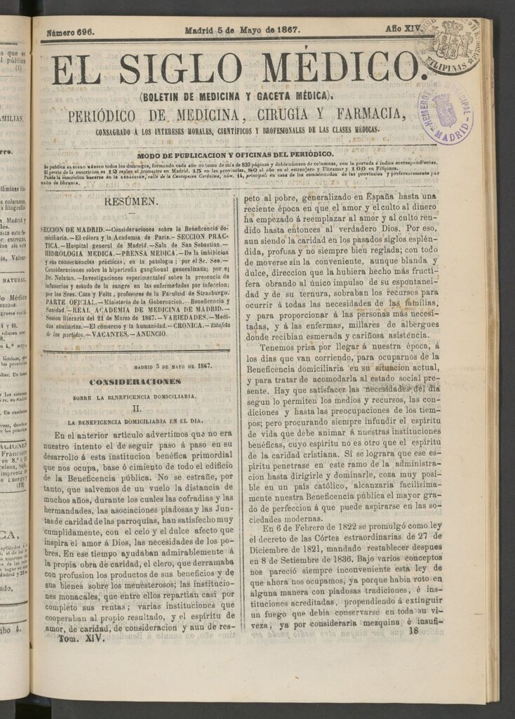 Miniatura de El Siglo Médico: boletín de medicina y gaceta médica del 5 de mayo de 1867