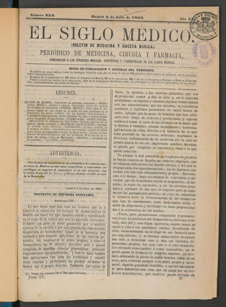 Miniatura de El Siglo Médico: boletín de medicina y gaceta médica del 5 de julio de 1868