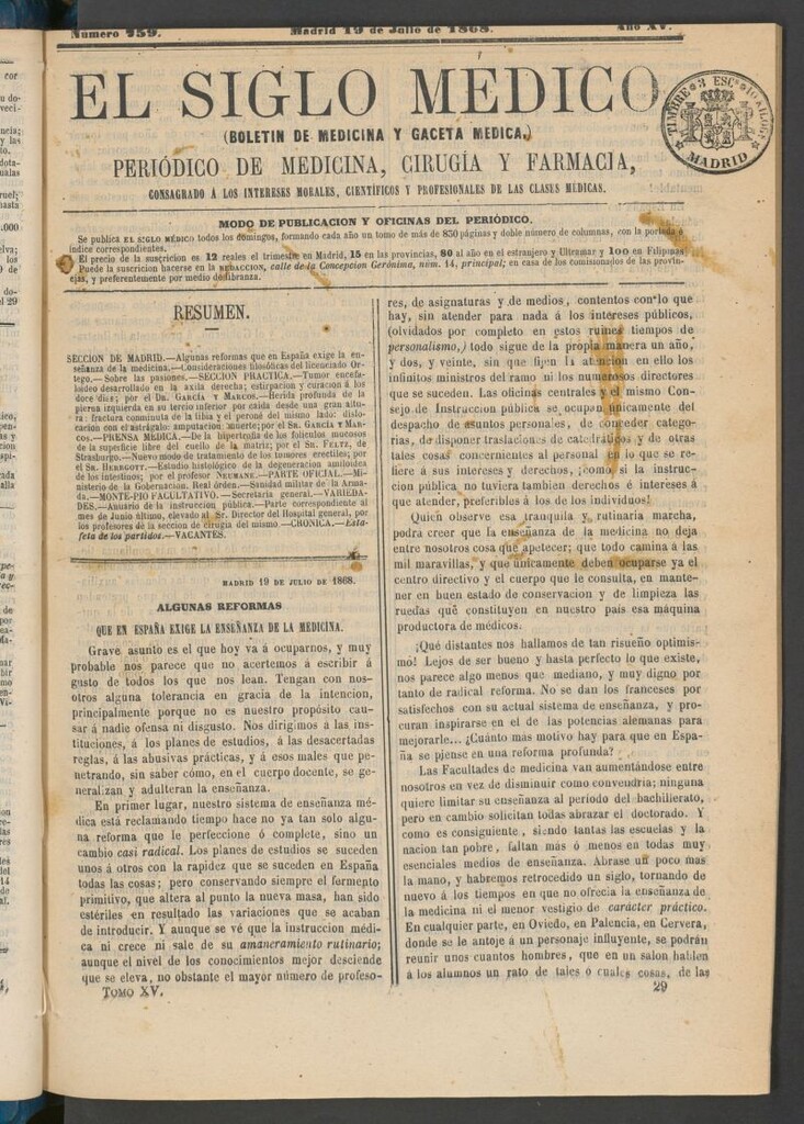 Miniatura de El Siglo Médico: boletín de medicina y gaceta médica del 19 de julio de 1868