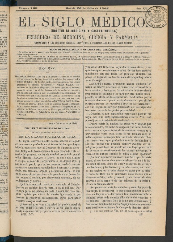 Miniatura de El Siglo Médico: boletín de medicina y gaceta médica del 26 de julio de 1868