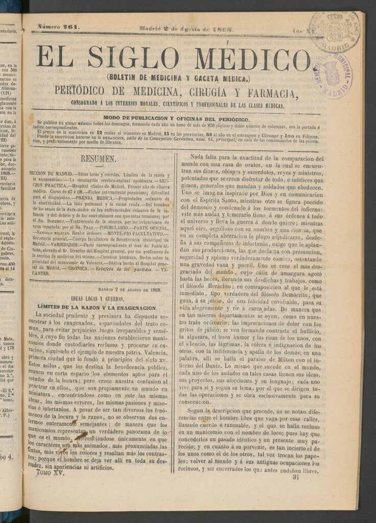 Miniatura de El Siglo Médico: boletín de medicina y gaceta médica del 2 de agosto de 1868
